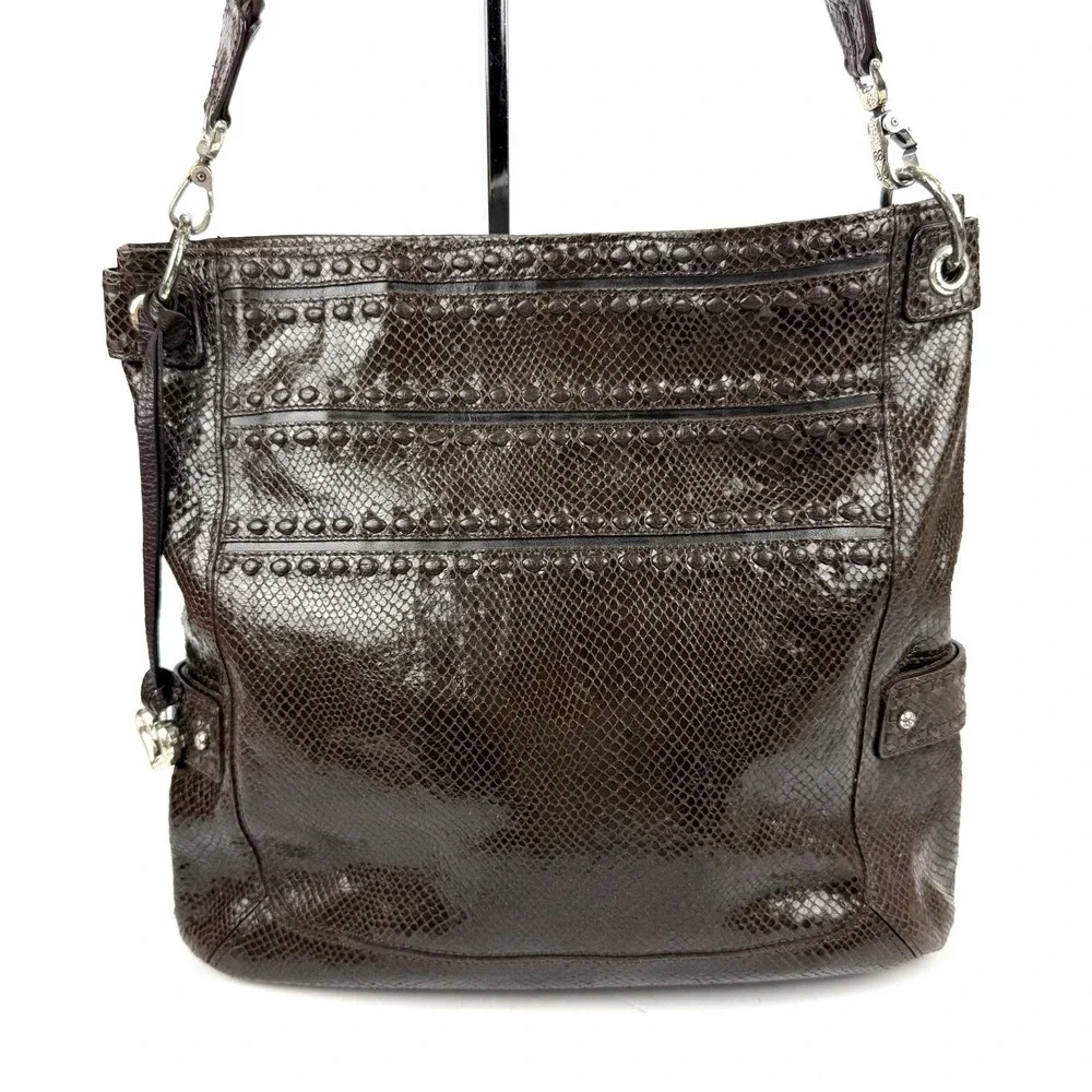 Brighton Embossed Snakeskin Hobo Handbag Brown Leather Shoulder Bag With Charm